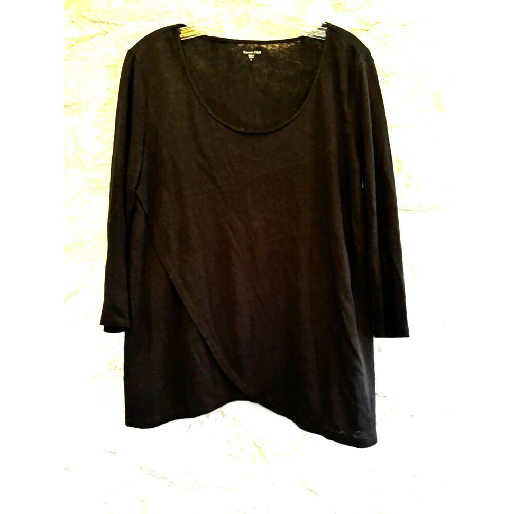 Garnet Hill Organic Linen Black Tunic Top Asymmetric Lagenlook Tulip Drape Front